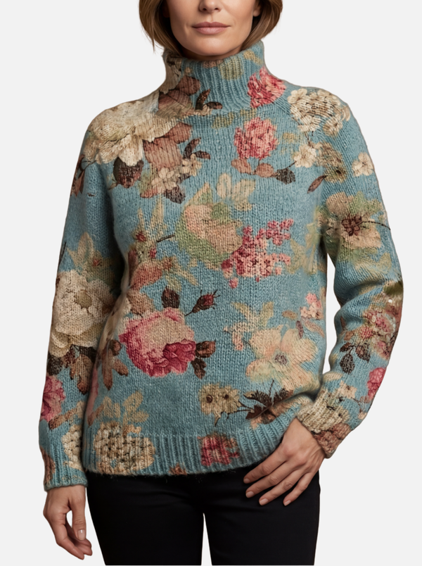 Helen - Vintage Blue Floral Roll Neck Jumper