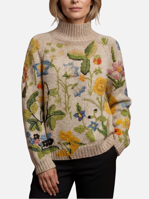 Nicola - Painted Floral Roll Neck Jumper