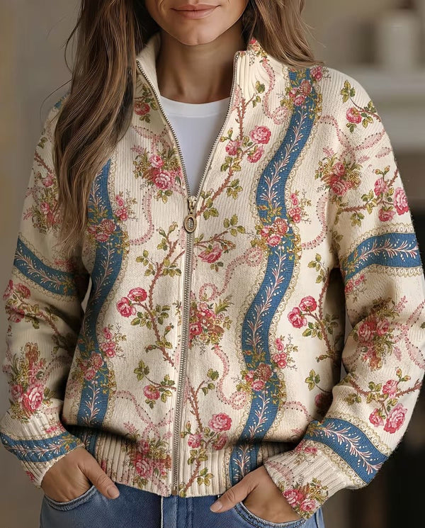 Georgia - Floral Border Zip Cardigan