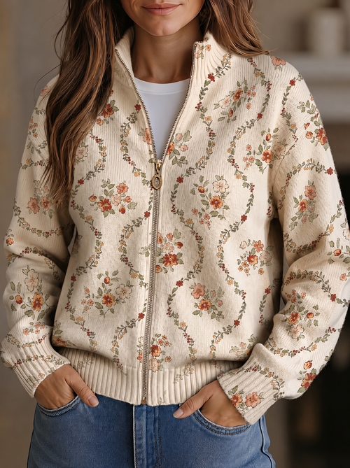 Charlotte - Delicate Floral Zip Cardigan