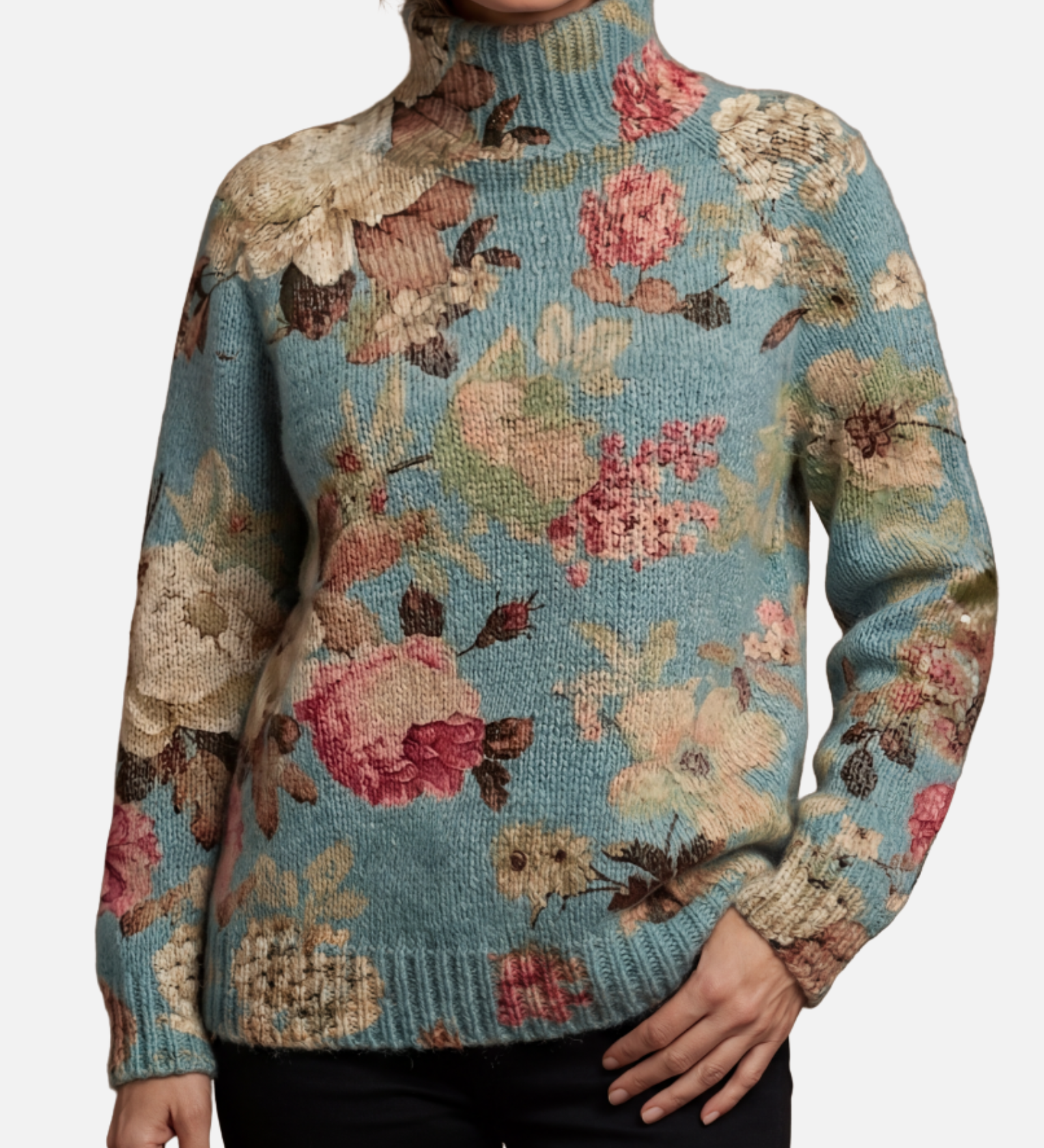 Helen - Vintage Blue Floral Roll Neck Jumper