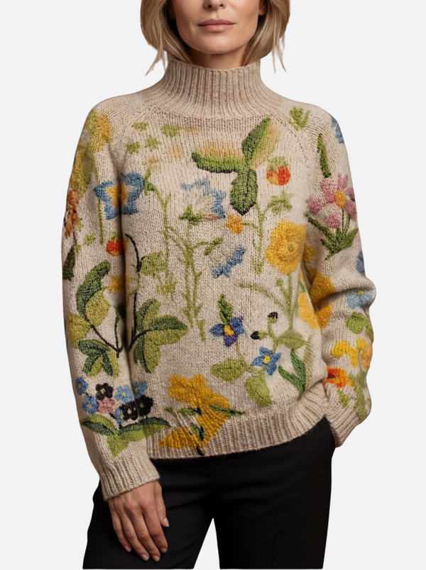 Nicola - Painted Floral Roll Neck Jumper