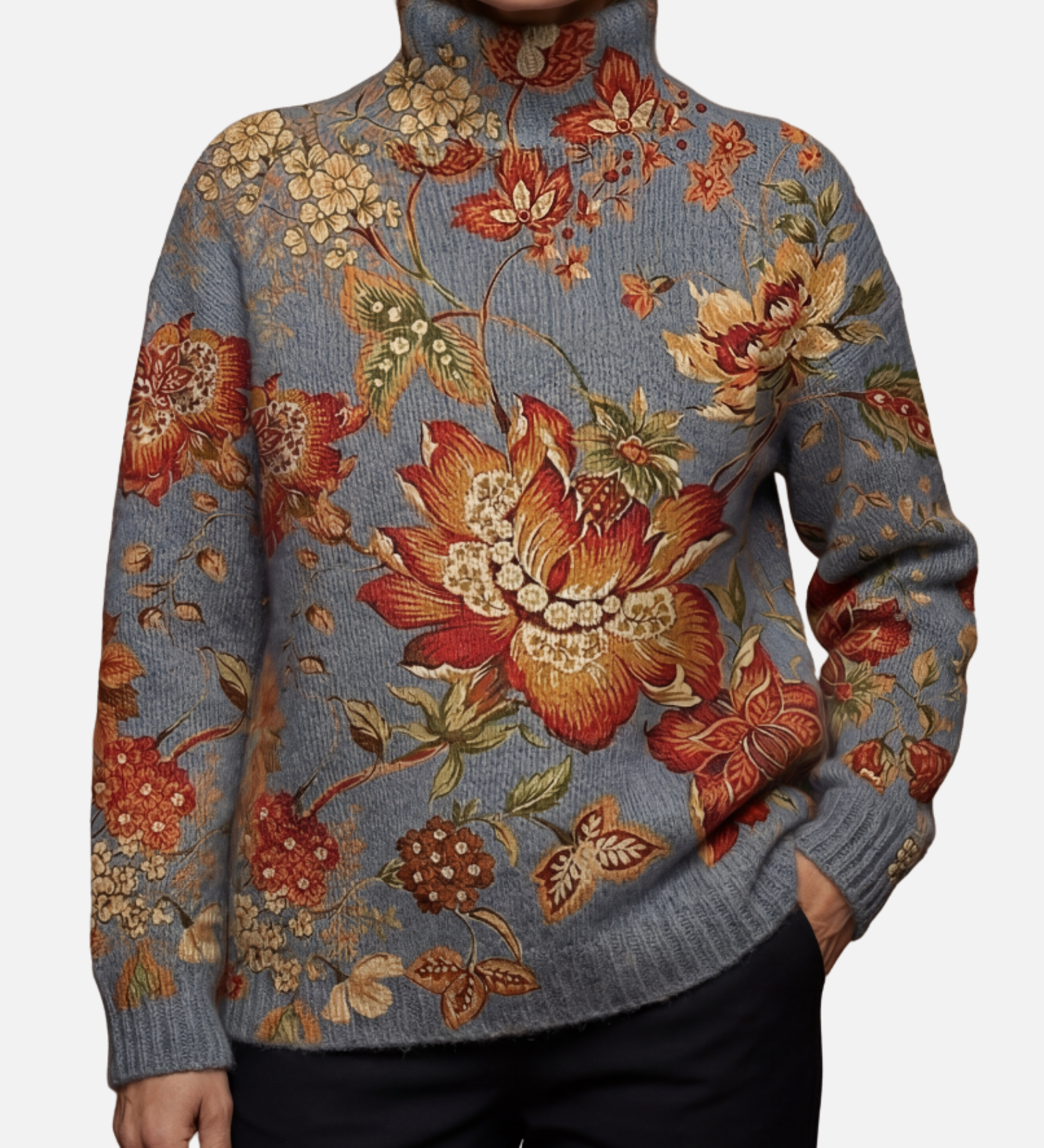 Sarah - Golden Floral Roll Neck Jumper