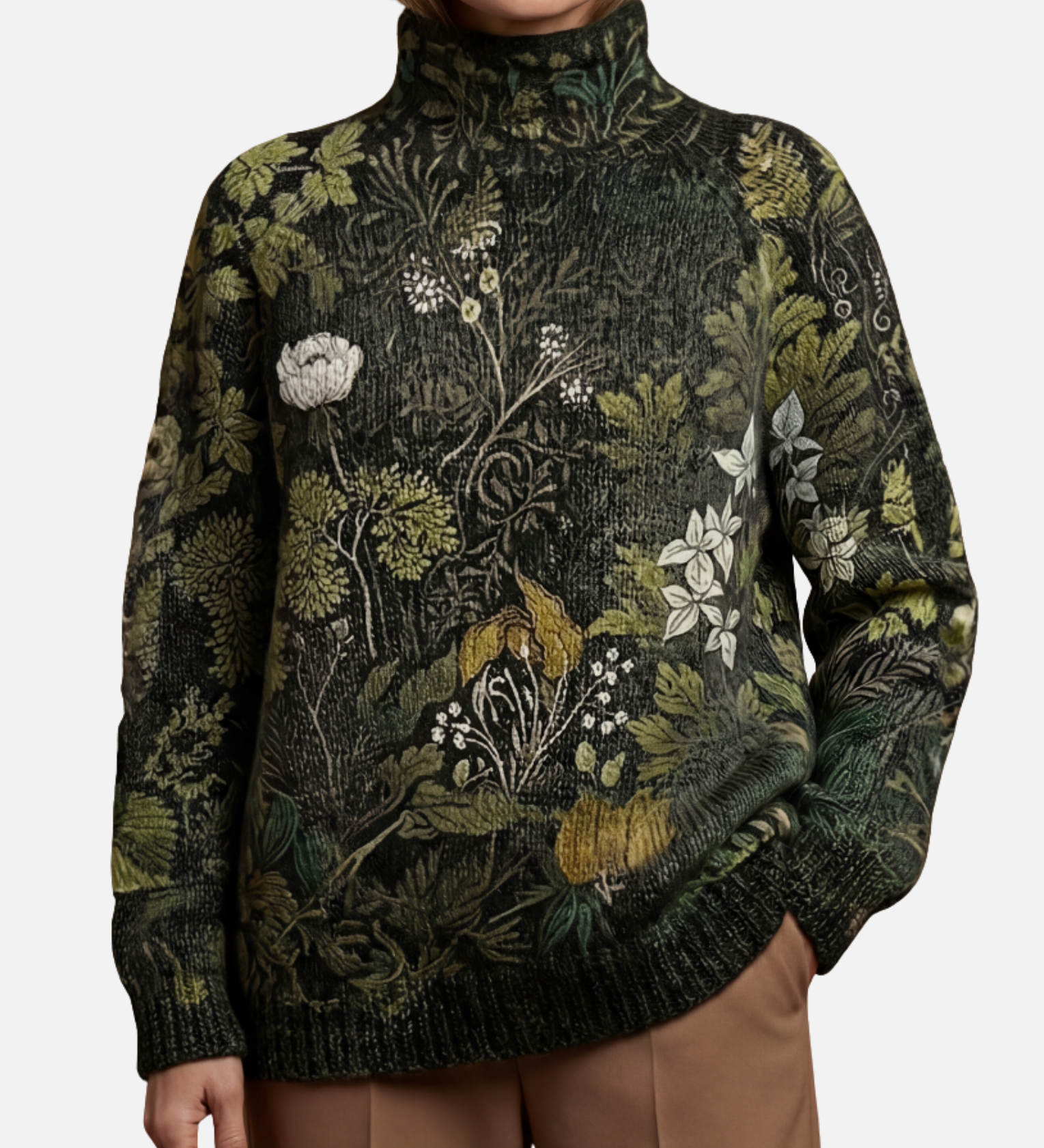 Victoria - Botanical Green Roll Neck Jumper