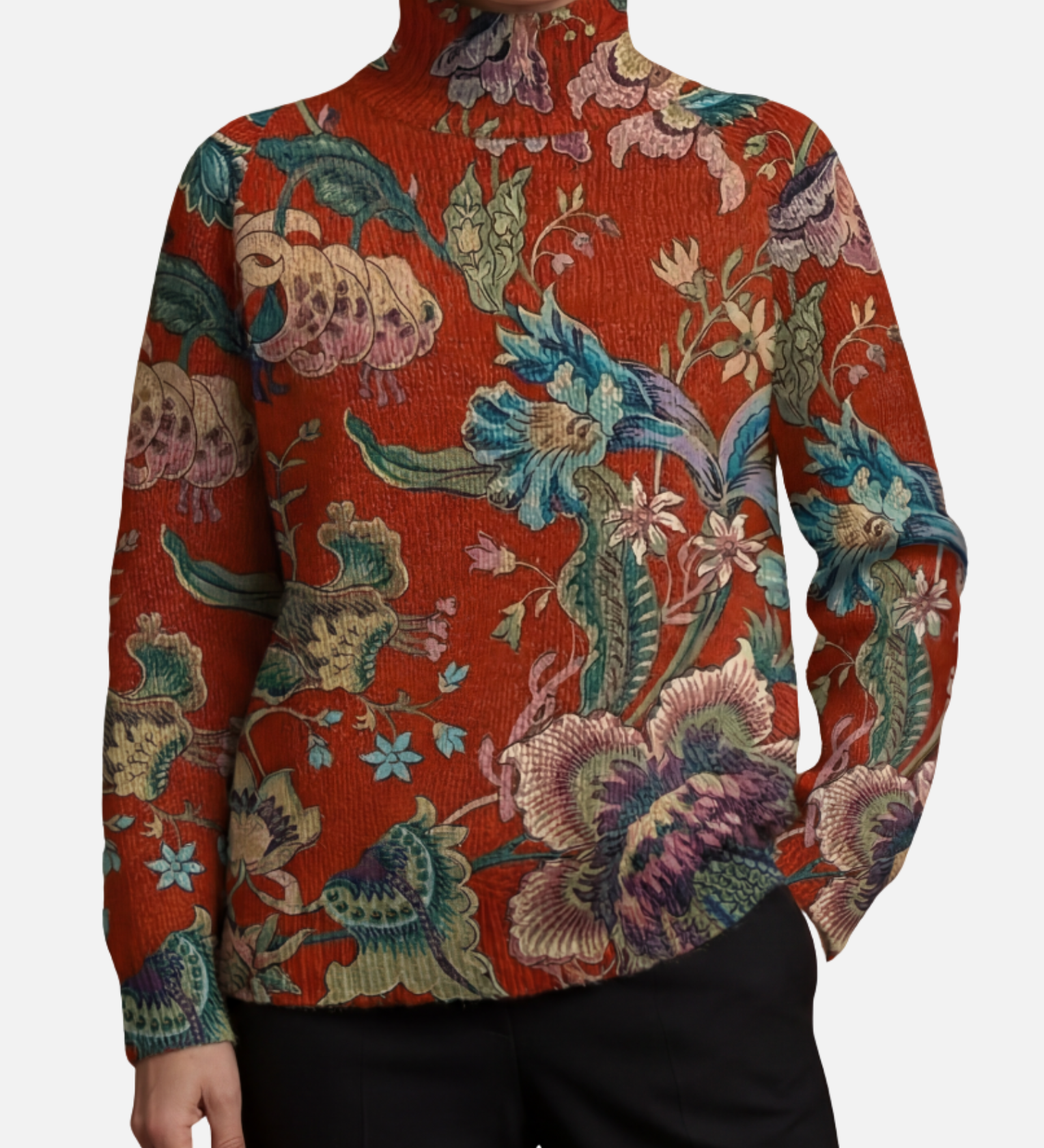 Samantha - Terracotta Floral Roll Neck Jumper