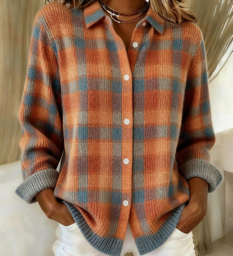 Paige - Warm-Tone Checked Cardigan - Orange & Grey
