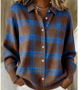 Erin - Two-Tone Checked Cardigan - Brown & Blue