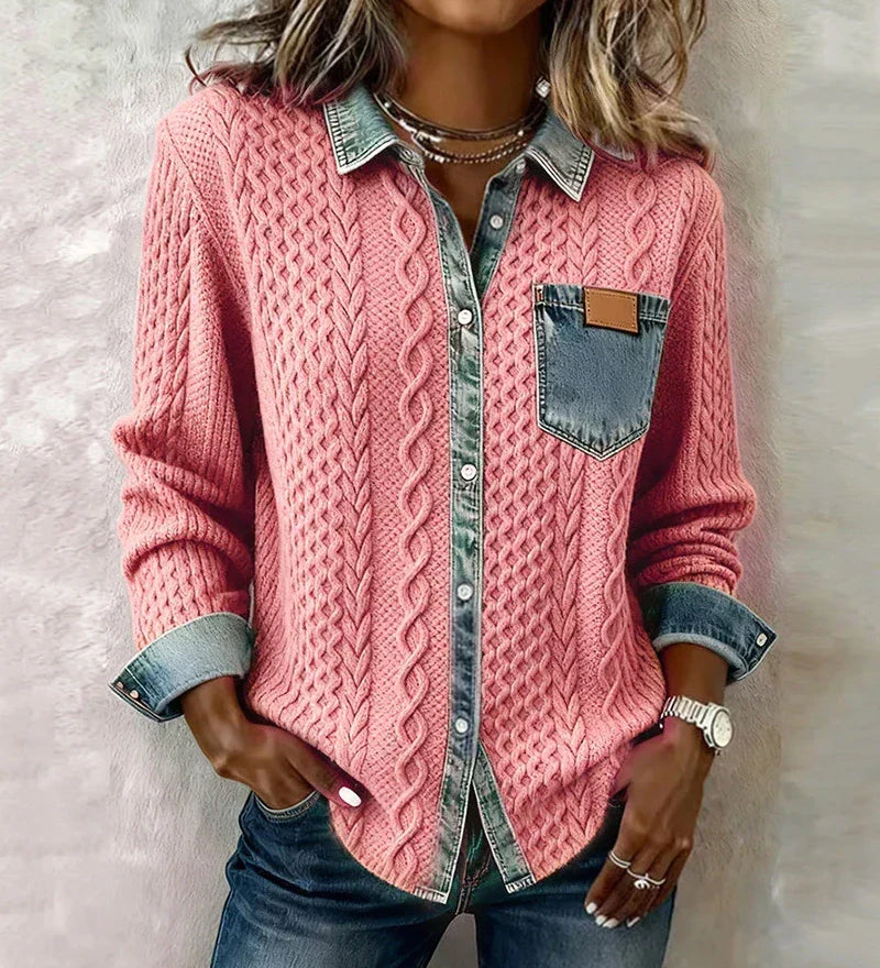 Bethany - Contrast-Pocket Knit Cardigan - Pink