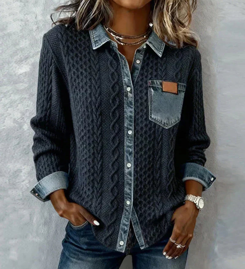 Bethany - Contrast-Pocket Knit Cardigan - Navy Blue