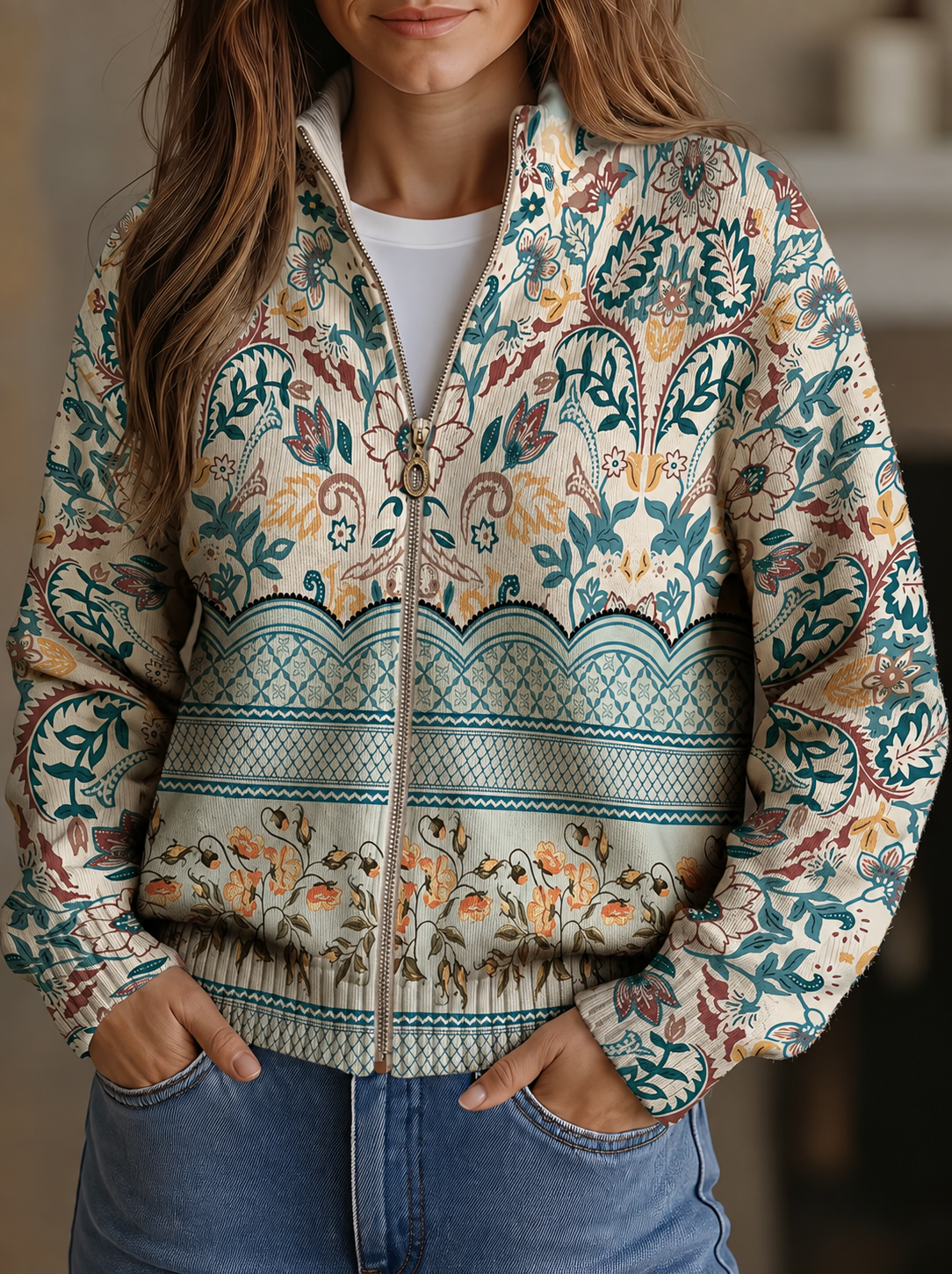Florence - Vintage Botanical Zip Cardigan