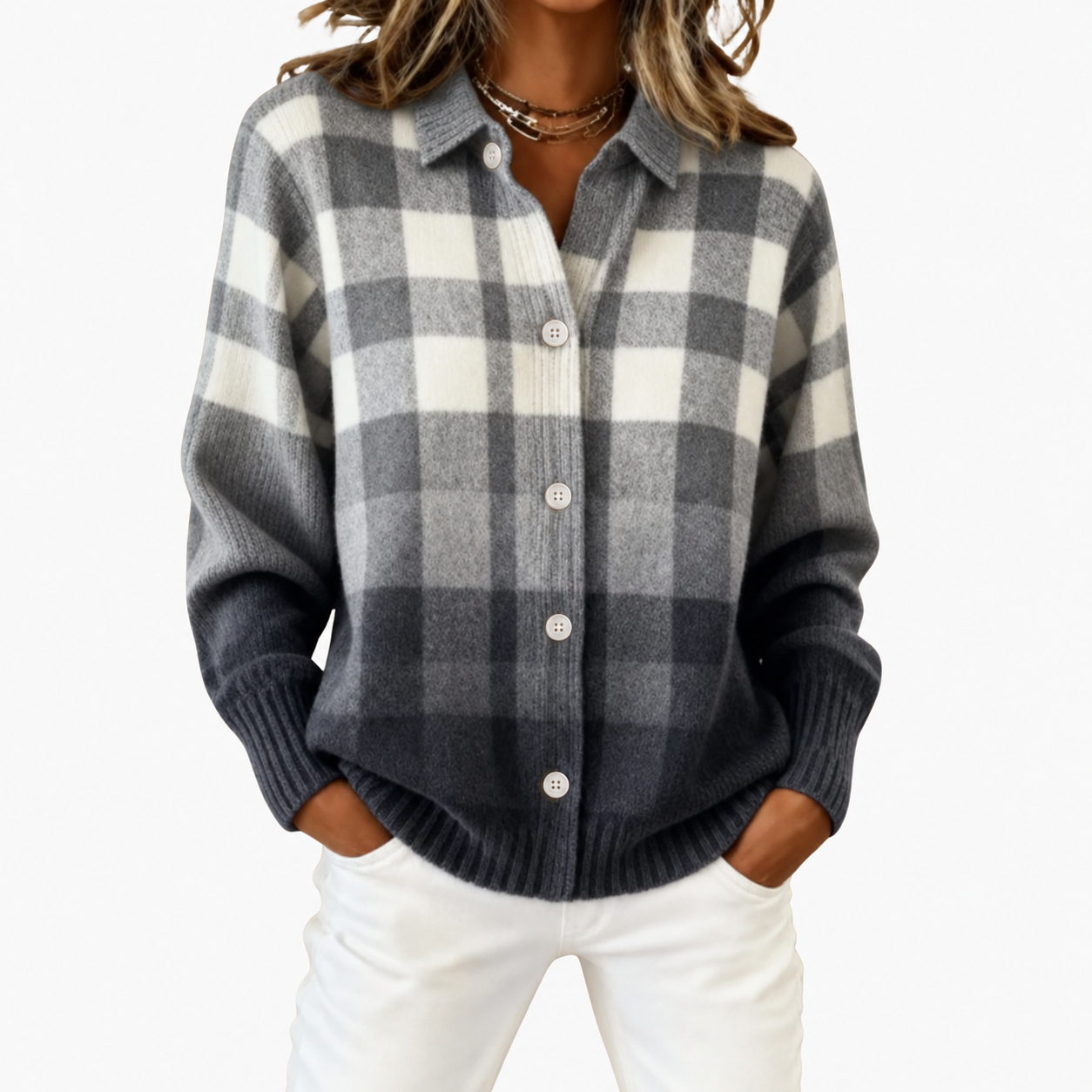 Freya - Grey Checked Cardigan - Grey & Blue