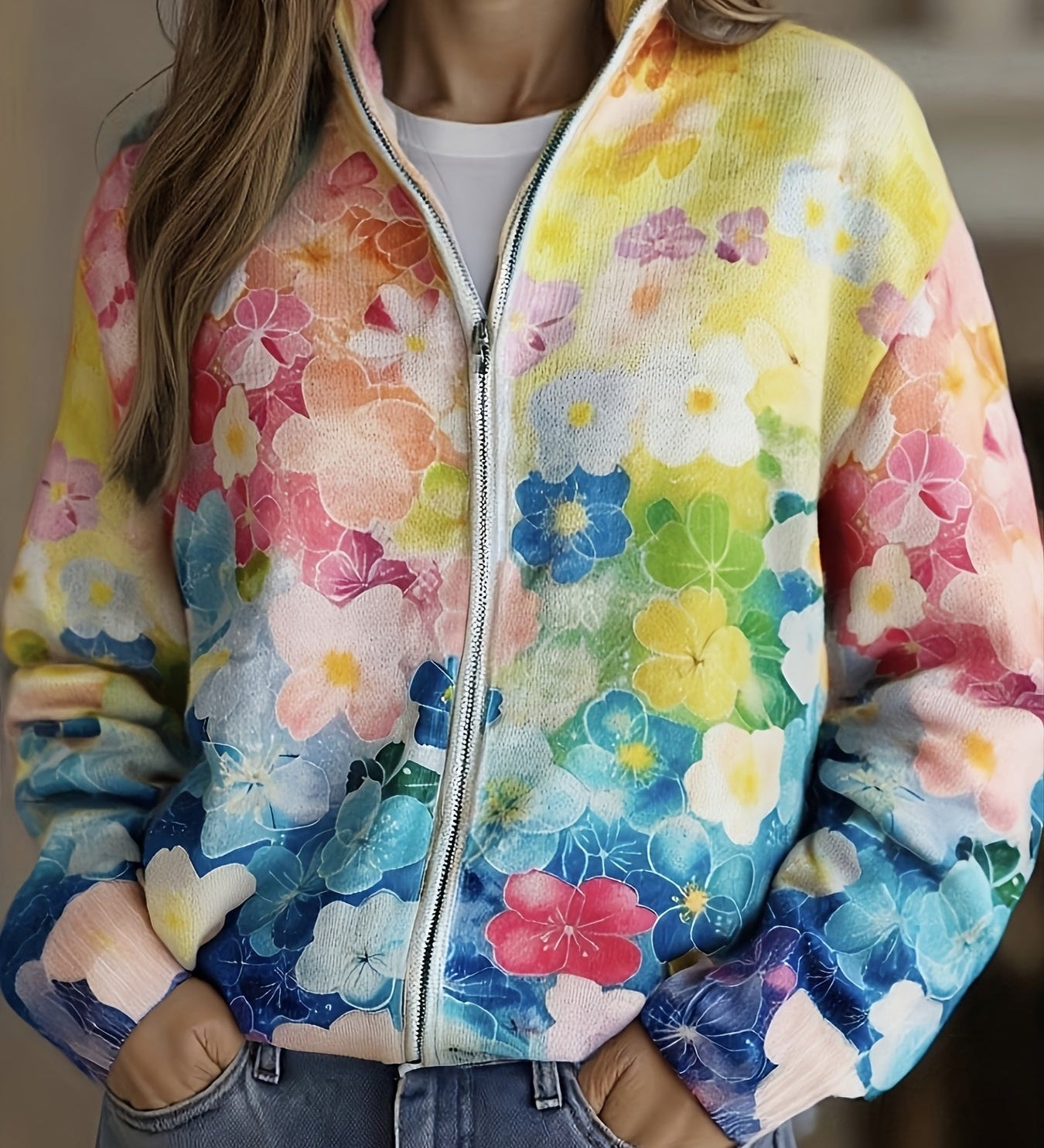 Rosie - Watercolour Floral Zip Cardigan
