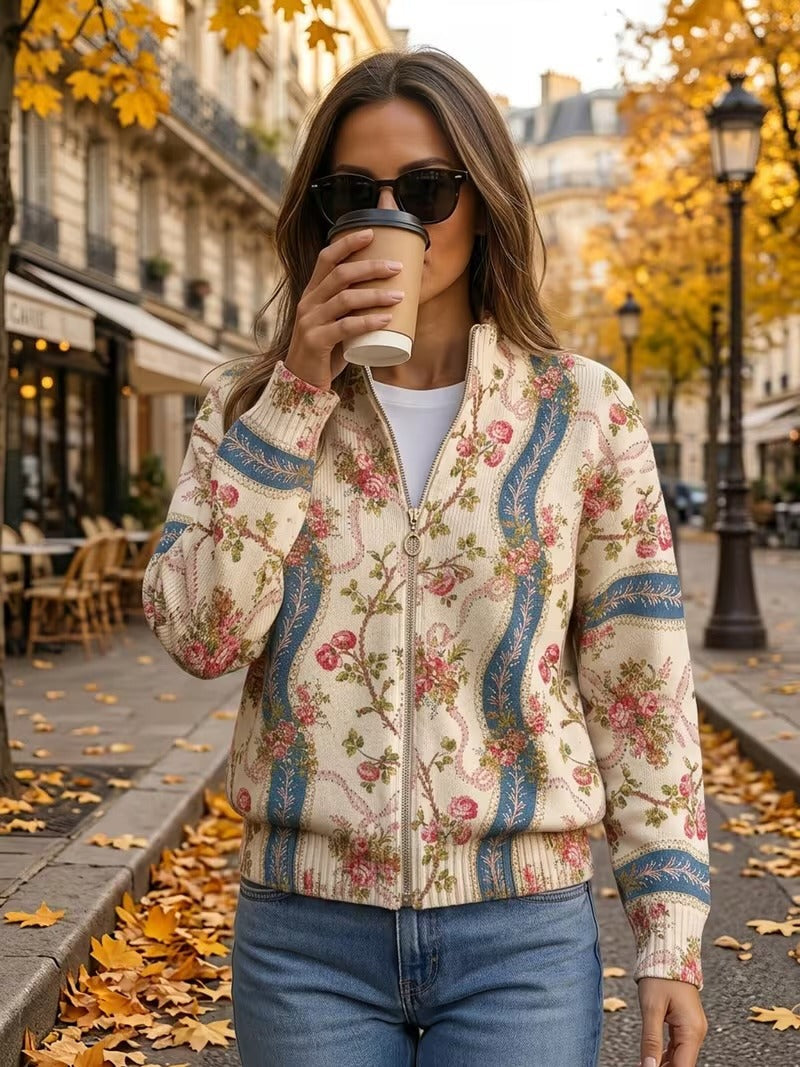 Georgia - Floral Border Zip Cardigan