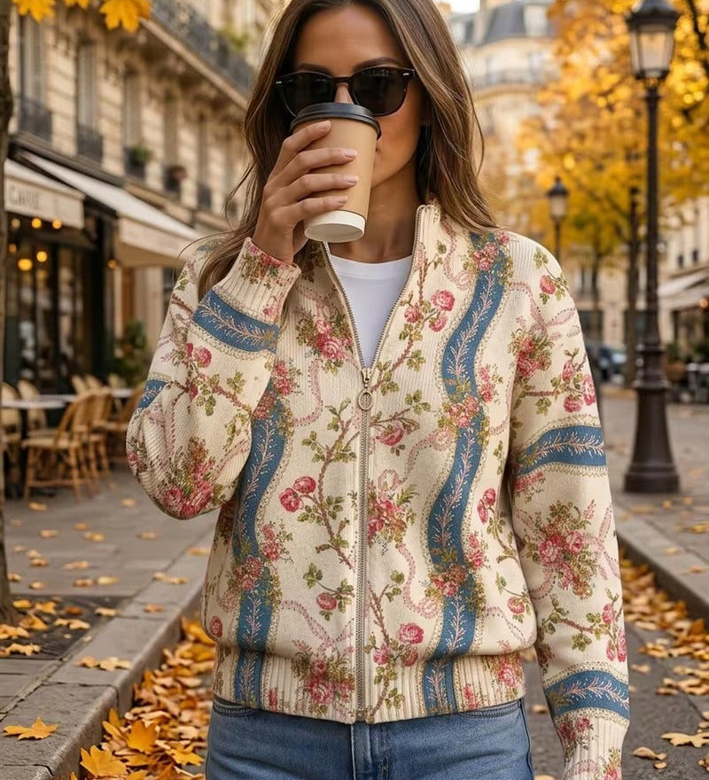 Georgia - Floral Border Zip Cardigan