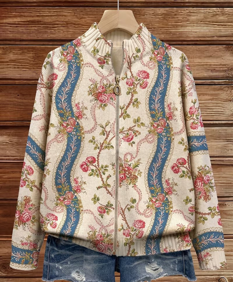 Georgia - Floral Border Zip Cardigan