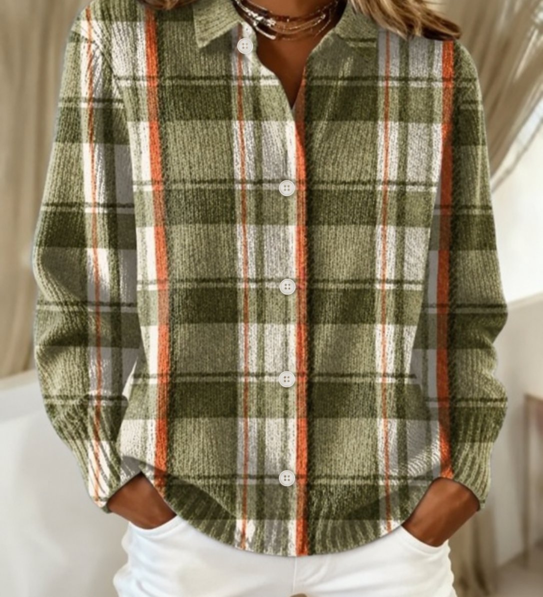 Poppy - Nature-Tone Checked Cardigan - Green & Orange