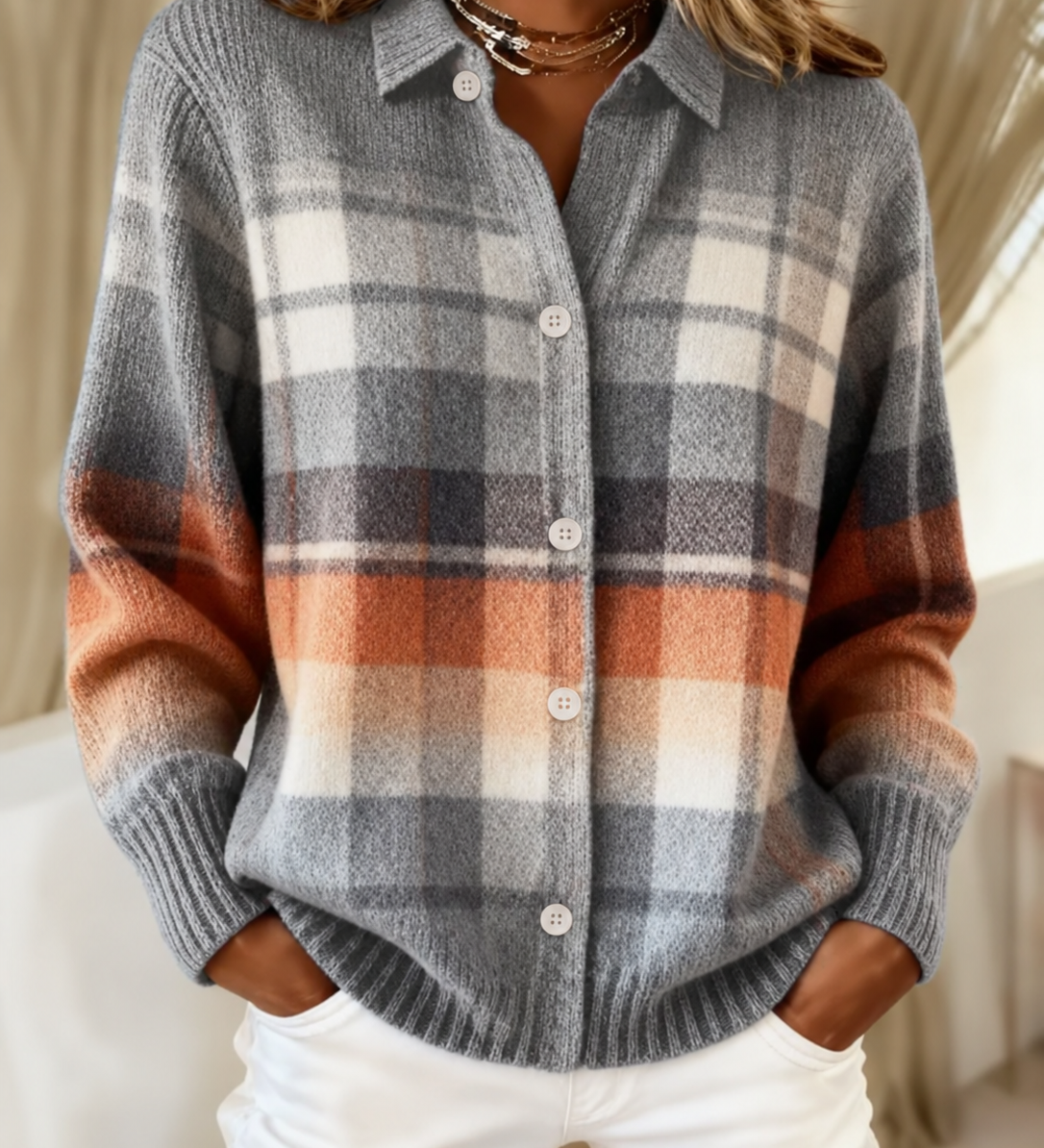 Isla - Warm Checked Cardigan - Grey & Orange